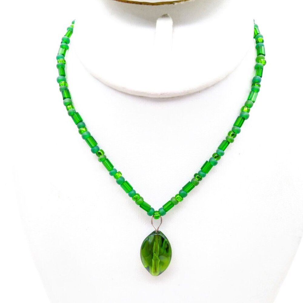 Bright Beaded Green Pendant Choker, Vintage Glass Beads